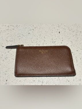 Mulberry Brown Pebbled Leather Card Holder with Gold Logo